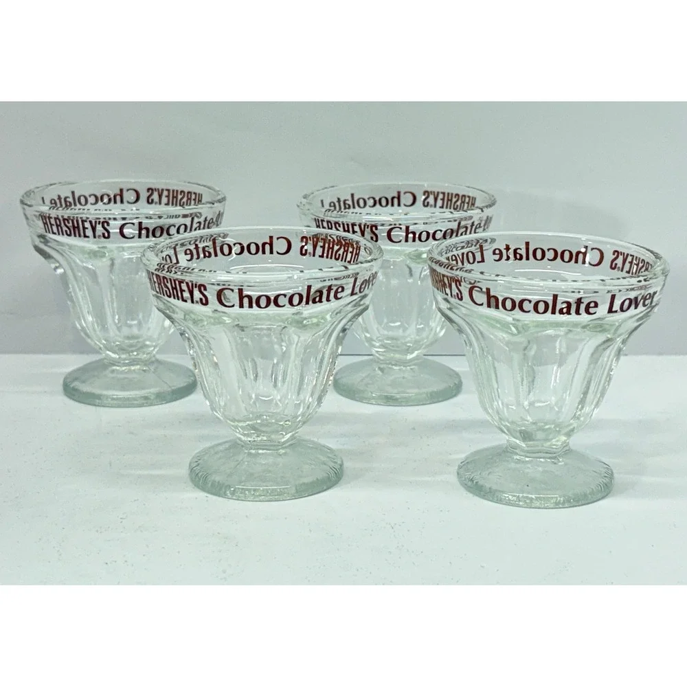Hershey's Chocolate Lover Glass Sundae Cup Set of 4 Pedestal Fluted Retro 3